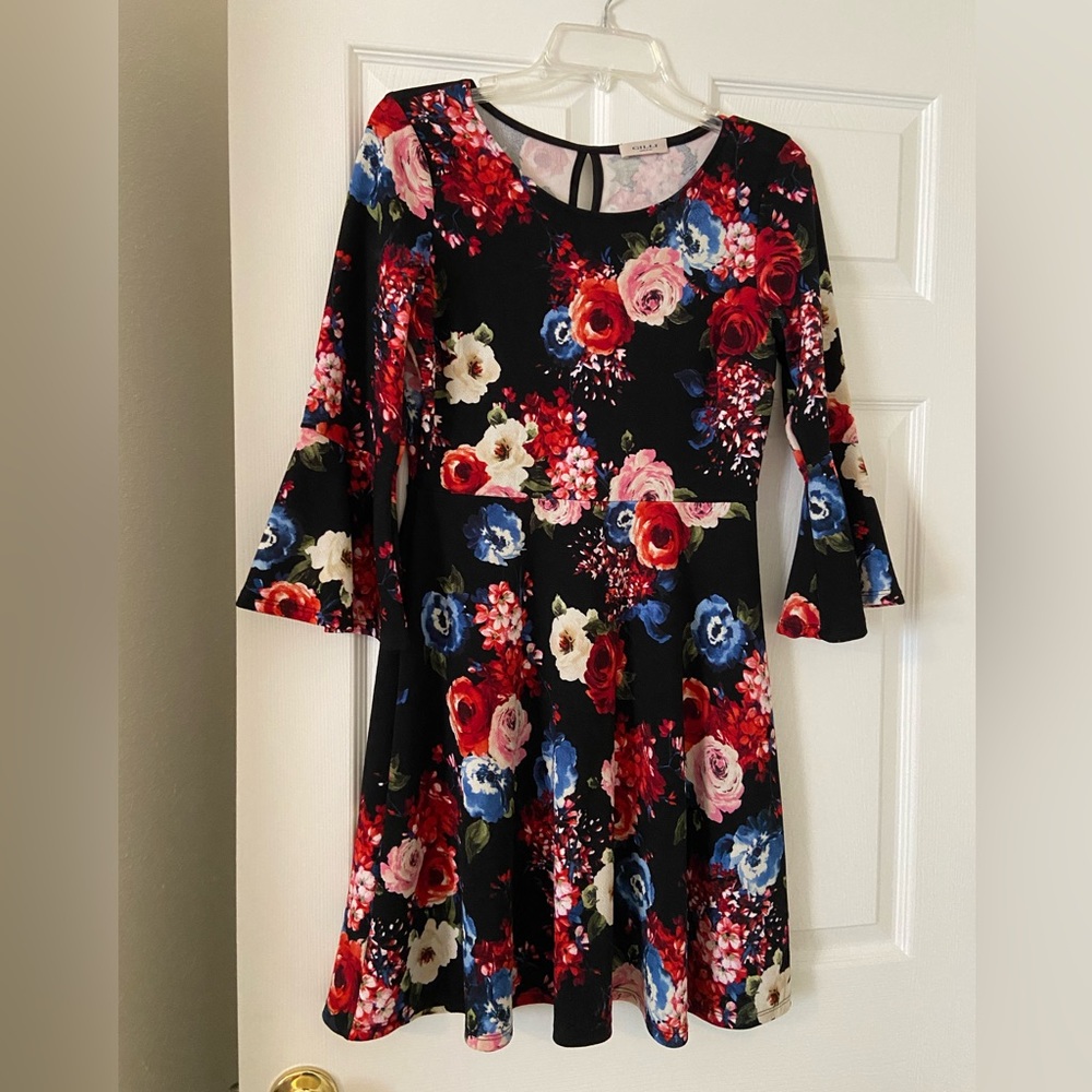 Black & floral bell sleeve dress